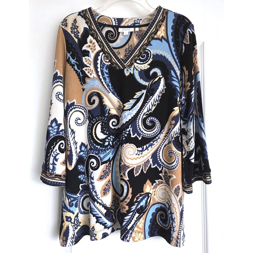 Chicos Blue Paisley V-Neck 3/4 Sleeve Slinky Knit Tunic Top Sz 2/Large Travel